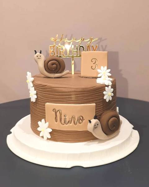 Création d'un gâteau d'anniversaire sur le thème de la forêt et escargots à Le Châtelet en Brie (77)